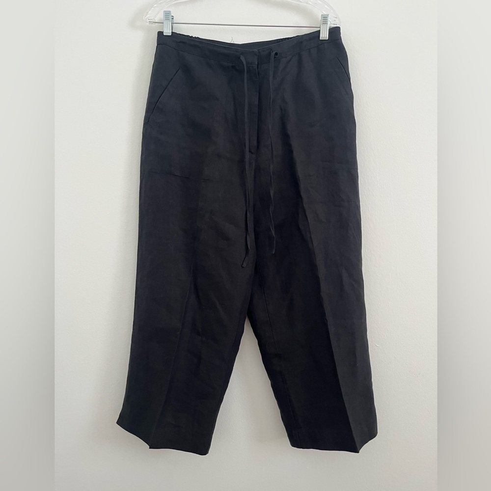 Linen Ankle Pants Womens Sz Large Black Wide Leg Pull On Drawstring Lagenlook